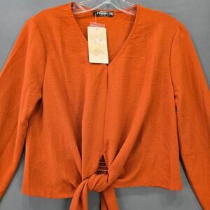Fashion Orange Crop Top Shirt NEW Long Sleeves Stretch Tie V-Neck Women's Size S
